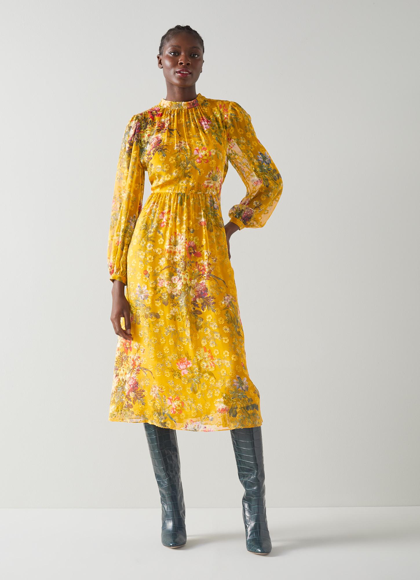 Leandra Yellow Camelia Print Silk Devoré Midi Dress | Occasion